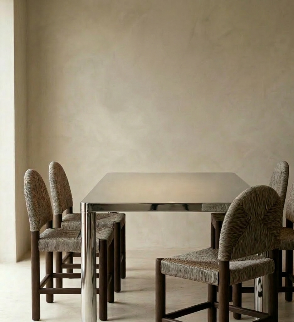 Dining table with four chairs at a chrome steel table against a beige wall