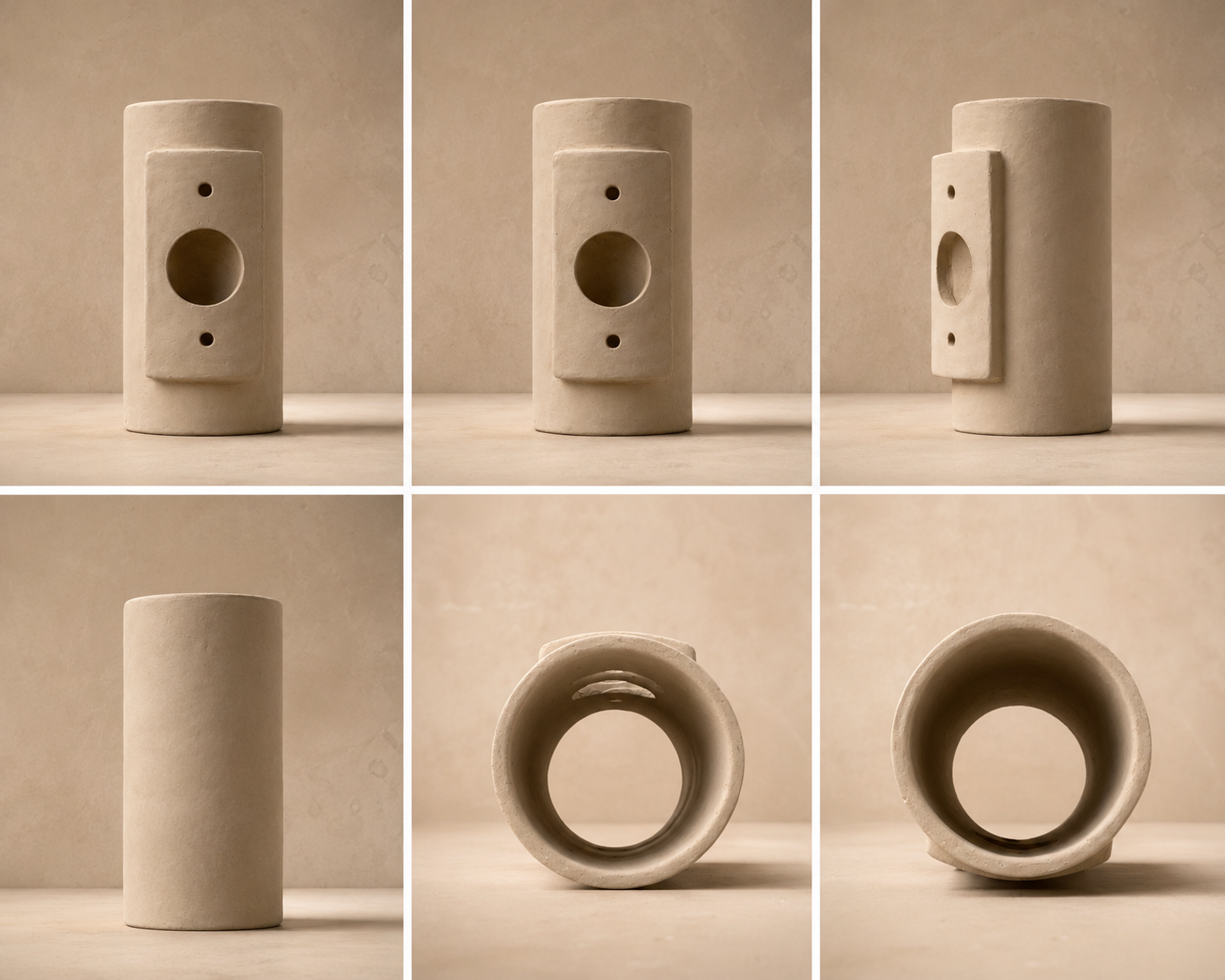 Six-panel studio product photo of a cylindrical beige ceramic light sconce, shown from multiple angles against a warm beige backdrop.