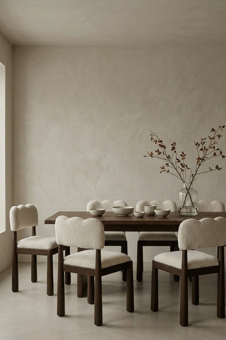 Dining room with wooden table and chairs against a beige wall.