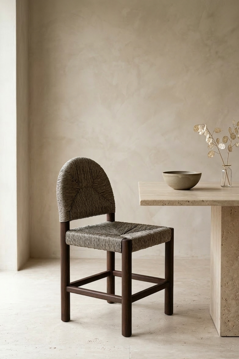 Wooden chair with woven seat next to a stone table with a bowl and vase against a beige wall.