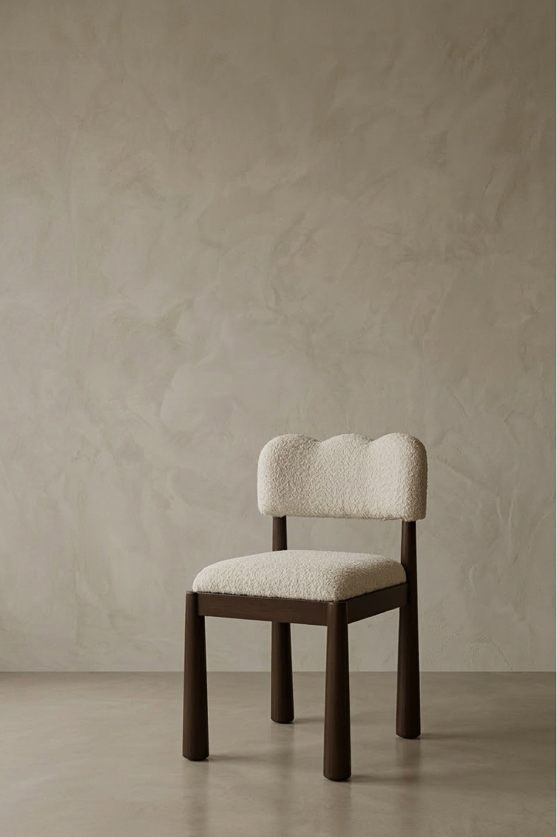 Chair with wooden frame and textured beige cushion against a plain wall.