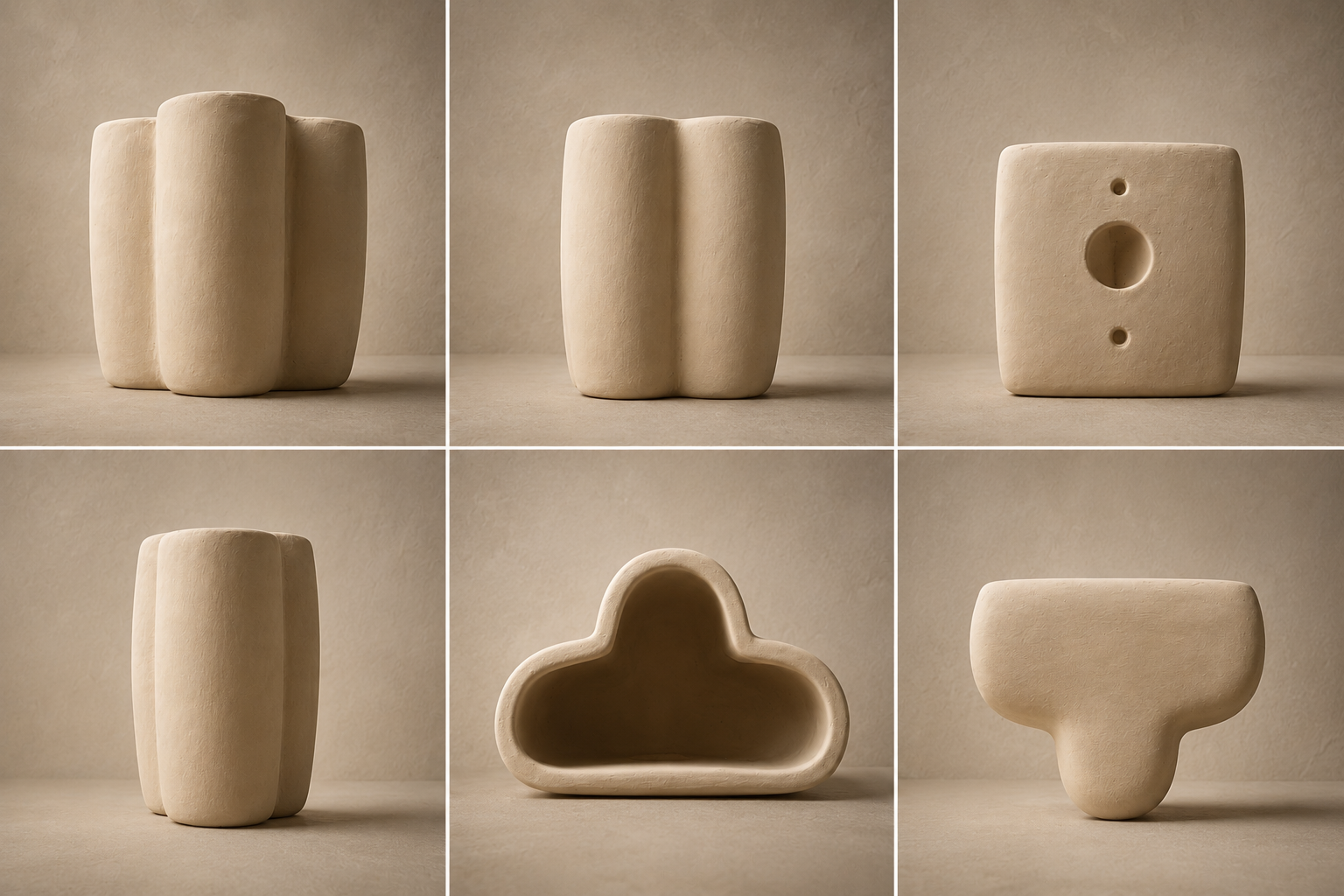 Six-panel studio presentation of a sculptural ceramic light sconce in a warm cream-beige tone, shown from multiple angles against a matching textured beige backdrop.