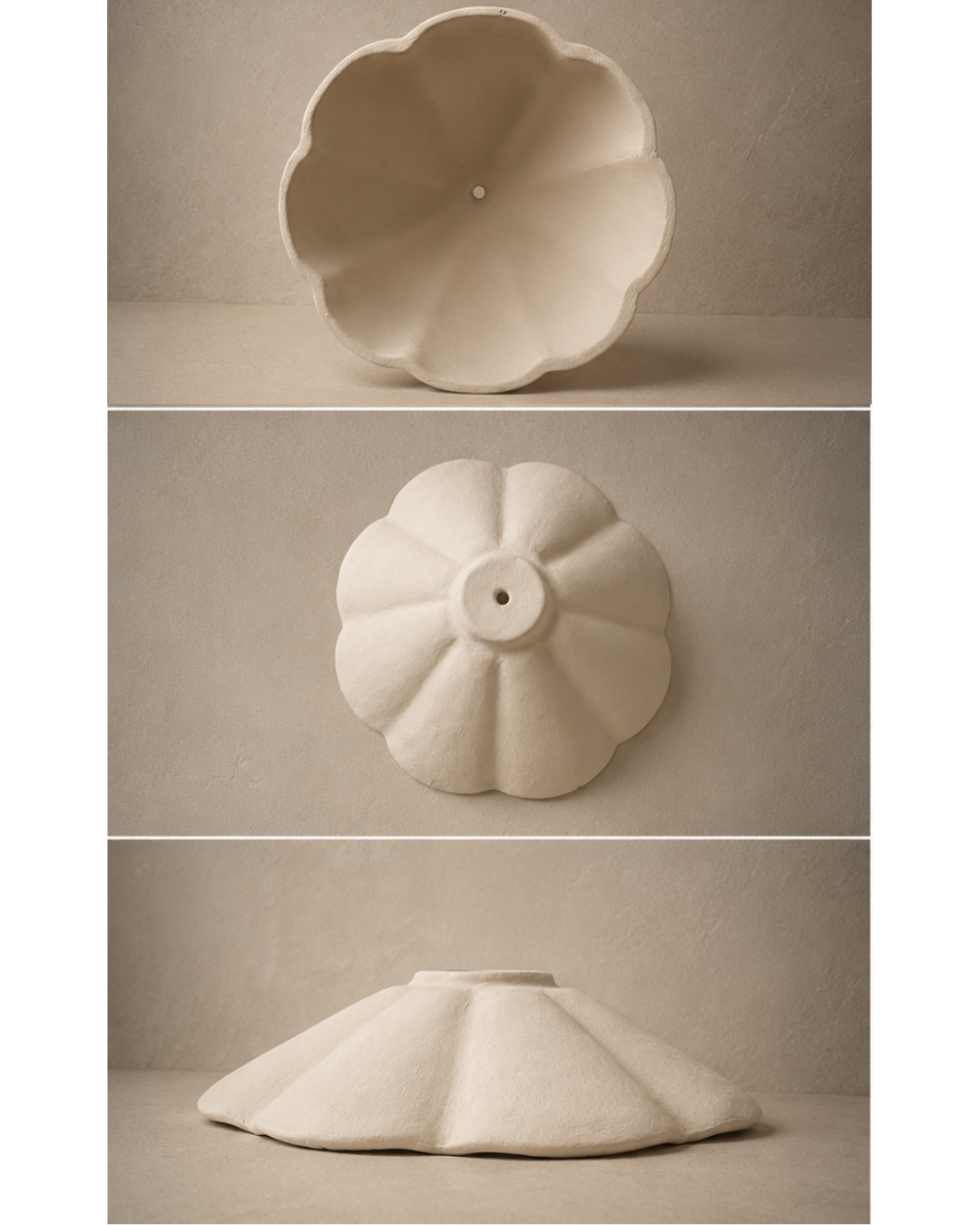 Three views of a cream-colored ceramic flower-shaped light pendant, showing the interior, top-down center, and base against a neutral textured beige background.