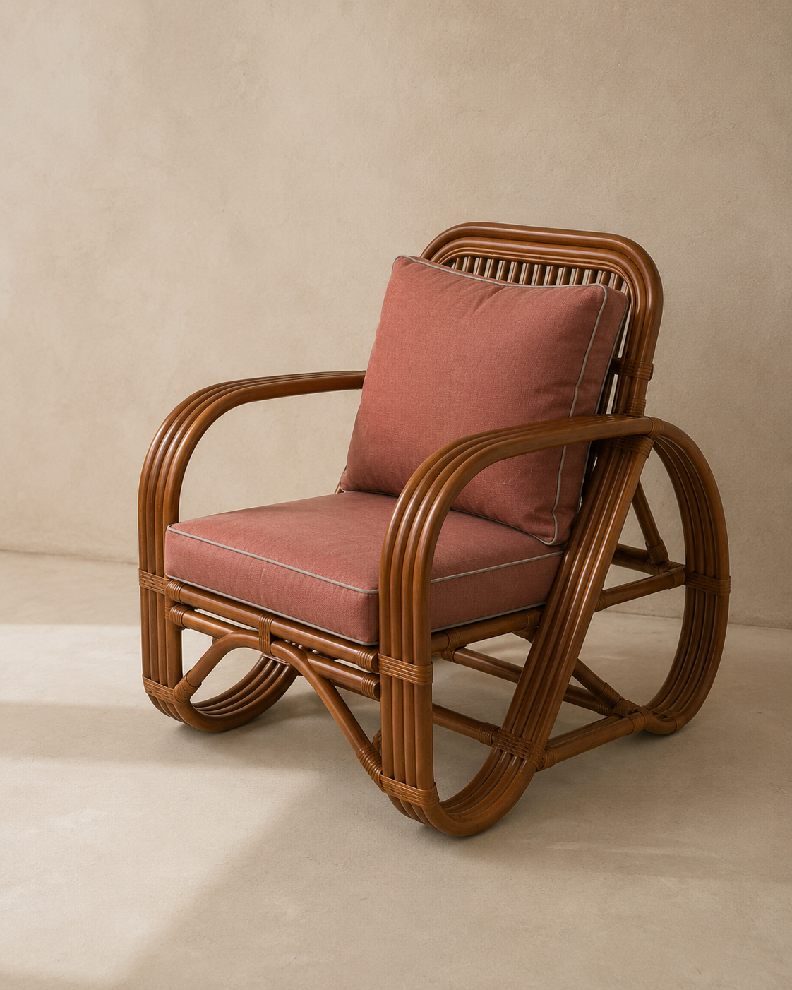 A rattan rocking chair with curved brown wicker-style arms and base, featuring dusty rose pink cushions on the seat and backrest, set against a neutral beige textured wall and floor.
