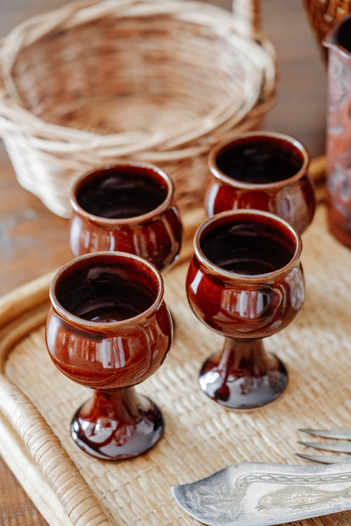 Vintage Brown Pottery Goblets (Set of 4)