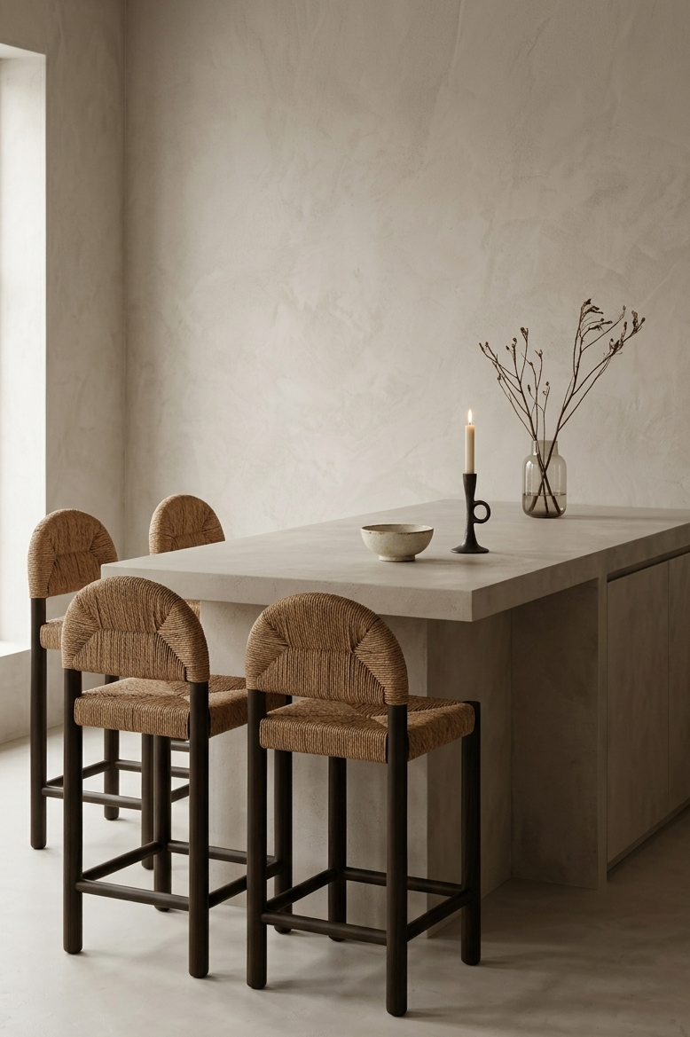 Dining area with a table and chairs in a minimalistic setting.