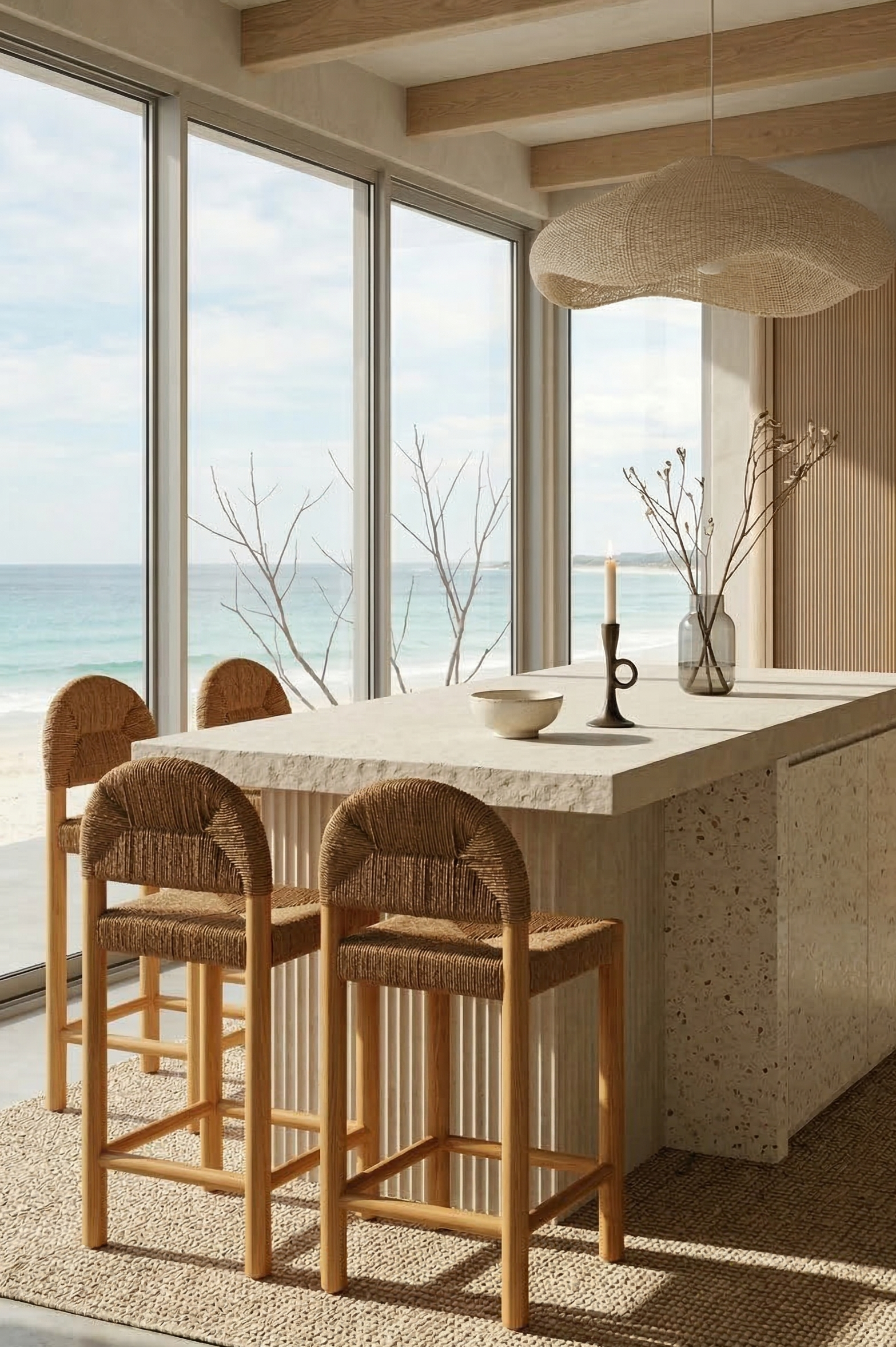 Modern kitchen with concrete island and wicker chairs by large windows overlooking a beach.